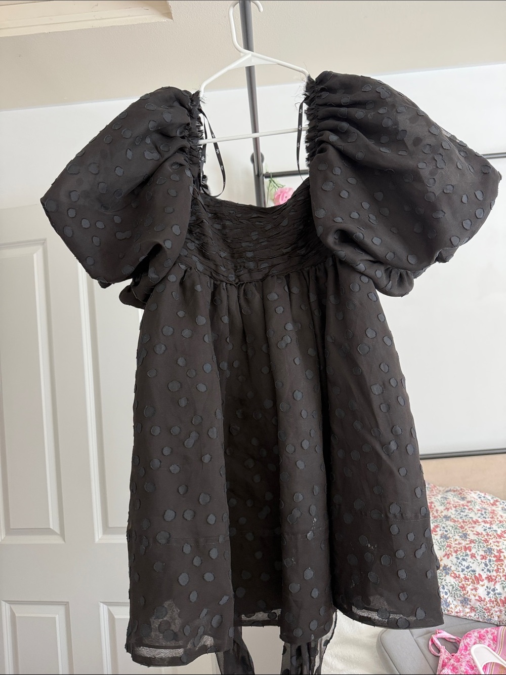 Aje Black Puff-Sleeve Dot Dress